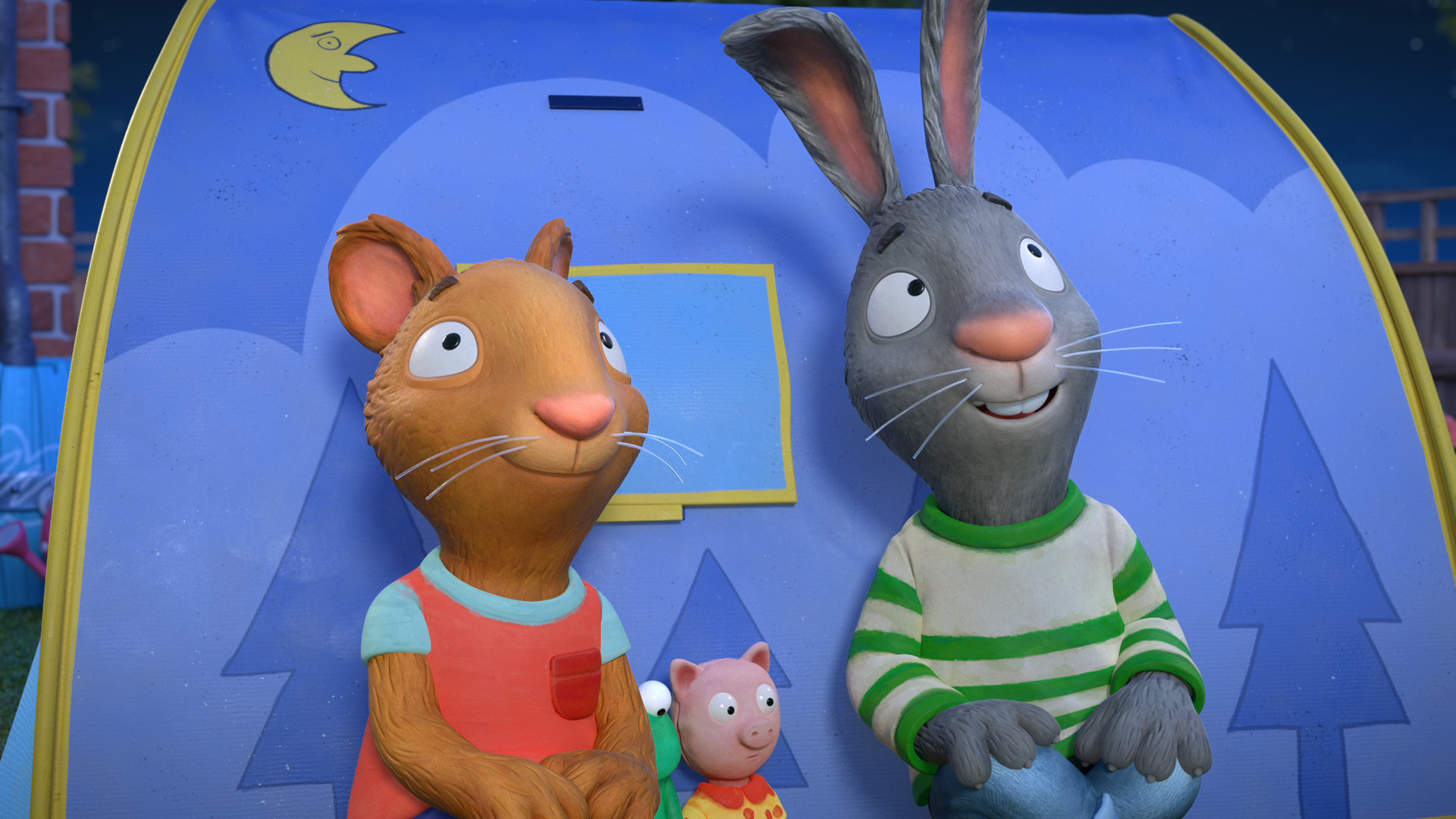 Pip und Posy sitzen vor ihrem Zelt und sehen in den Himmel. Zwischen ihnen sitzen Froschi und Schweinchen.