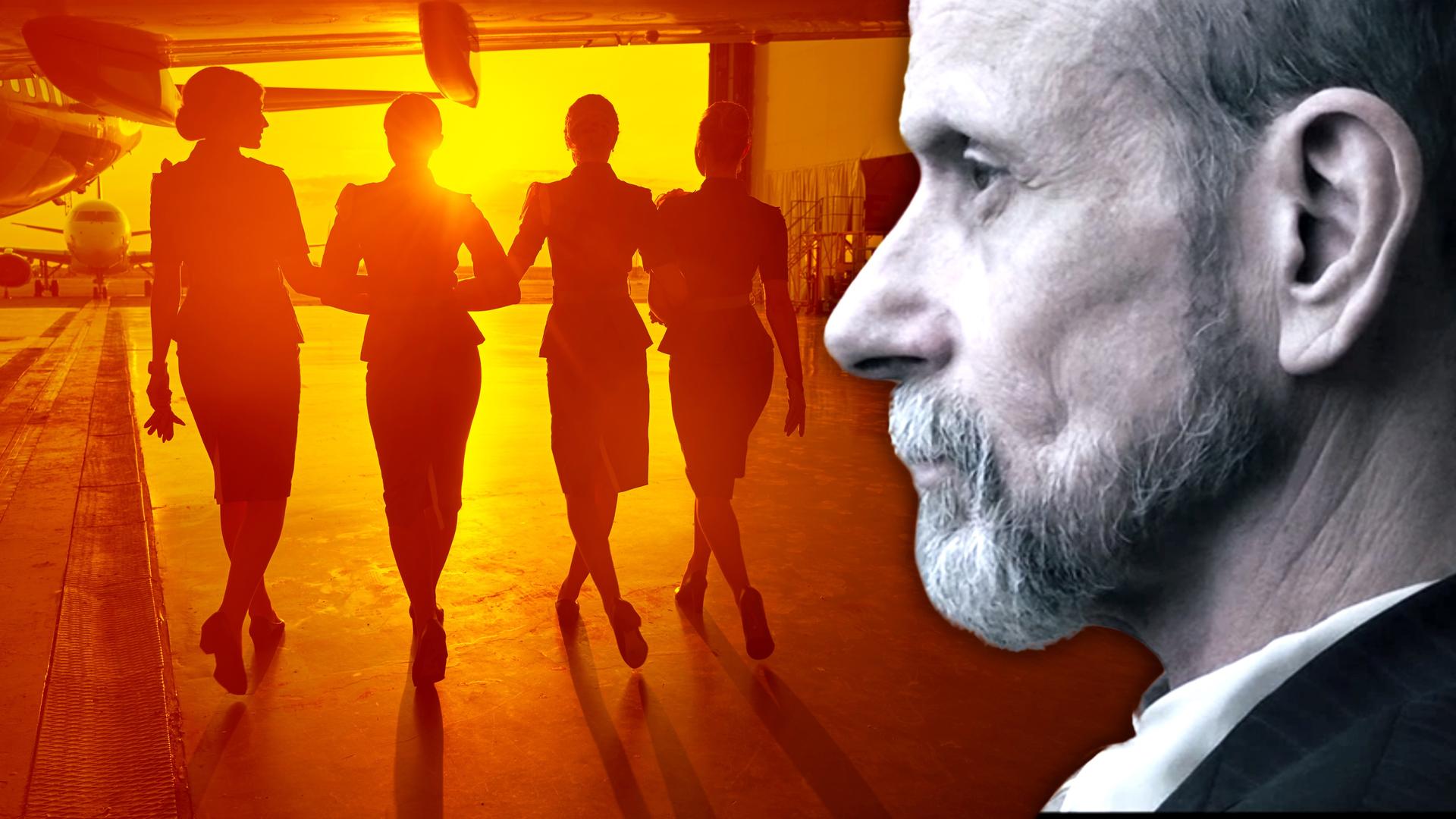 Montage: Im Vordergrund liegt ein Bild des mutmaßlichen Serienmörders Jonathan Reed im Profil. Im Hintergrund läuft eine Gruppe Flugbegleiterinnen vor einem Flugzeug in den Sonnenuntergang.