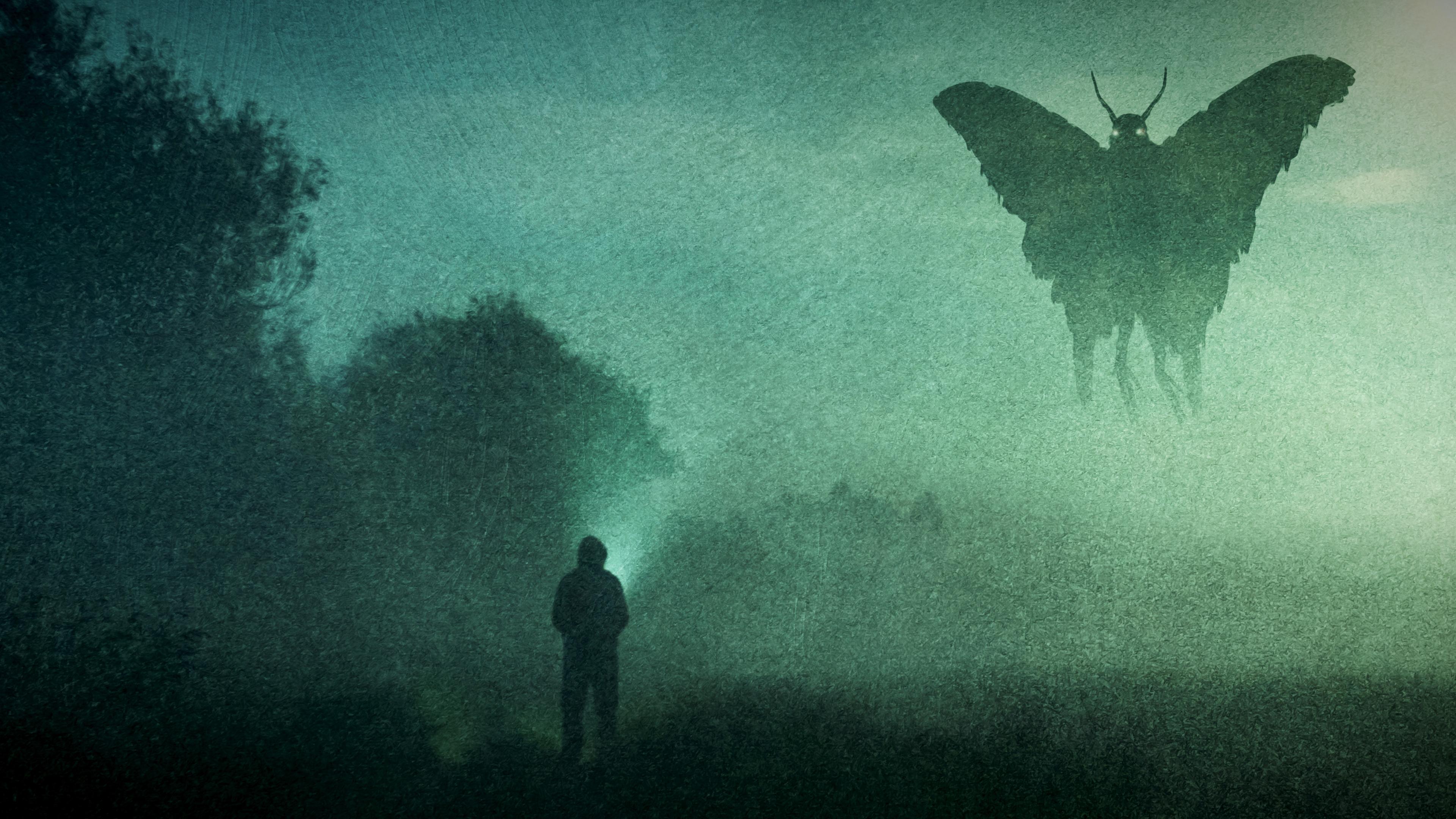 "Mythos - Die größten Rätsel der Geschichte - Die Suche nach Mothman": Der Mothman schwebt über einer nächtlichen Lichtung, daneben ein Mann mit einer Taschenlampe