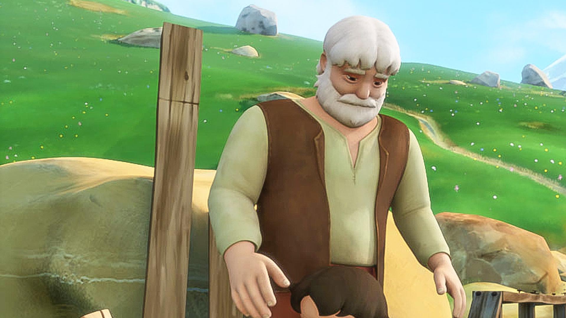 Heidi umarmt ihren Großvater. Sie stehen vor einer halb fertig gebauten Holzbrücke.