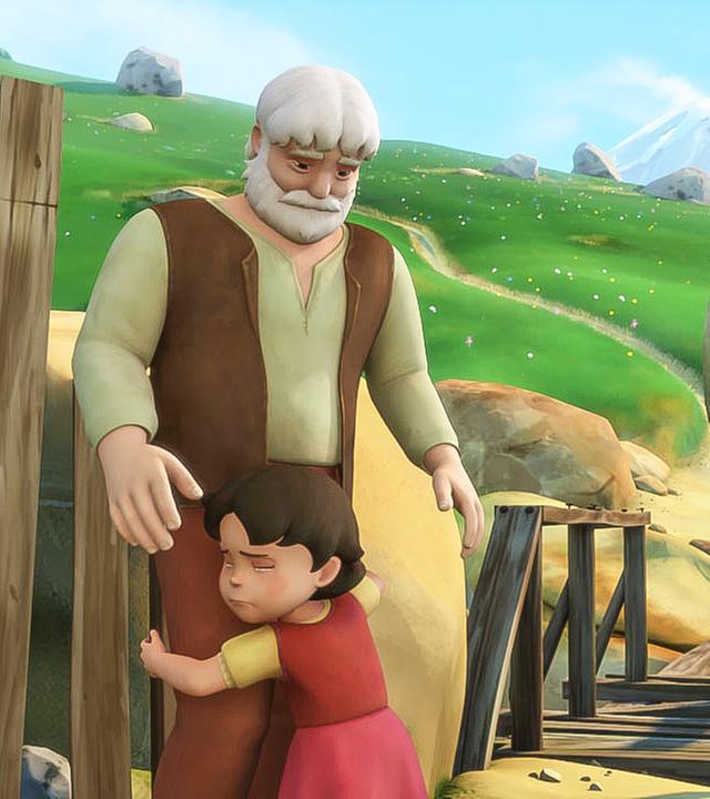 Heidi umarmt ihren Großvater. Sie stehen vor einer halb fertig gebauten Holzbrücke.