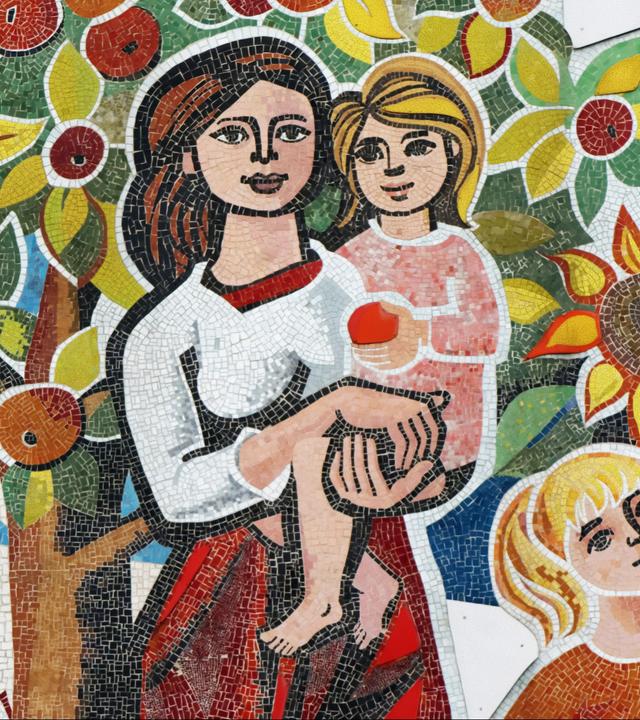 Mosaik mit einer Frau, die ein Kind im Arm hält, während ein weiteres Kind vor Blumen und einem Schmetterling steht; im Hintergrund ein Apfelbaum und Sonnenblumen.
