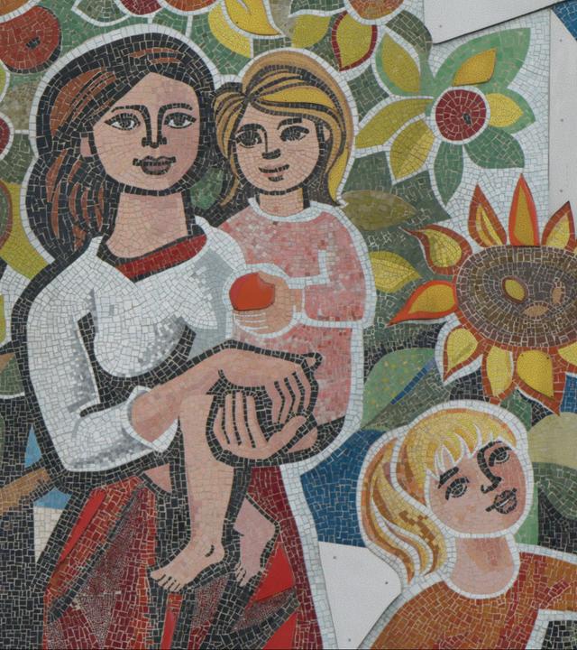 "Die Unbeugsamen 2 – Guten Morgen, ihr Schönen": Ein Teil eines Wandmosaiks. Darauf zu sehen eine Frau, die vor einem Apfelbaum ein Mädchen im Arm hält, ein Weiteres spielt mit einem Schmetterling.