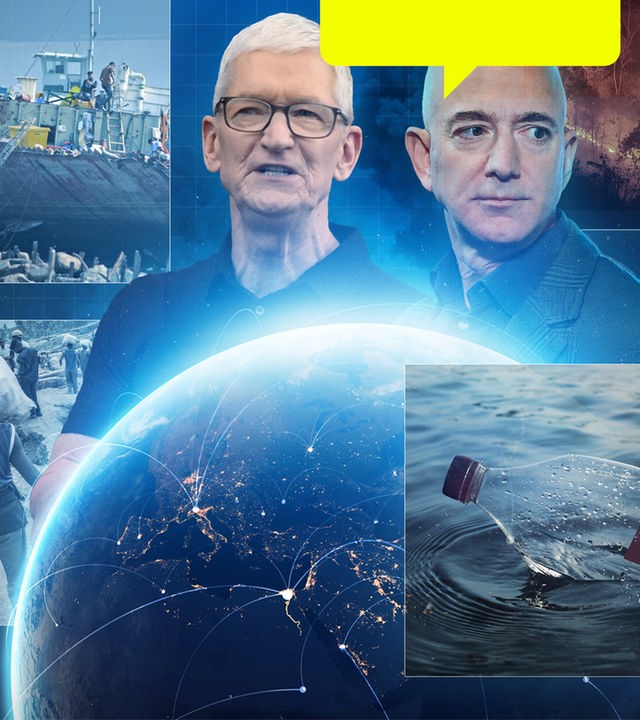 Jeff Bezos und Tim Cook mit Globus und Bildern passend zur Dokureihe