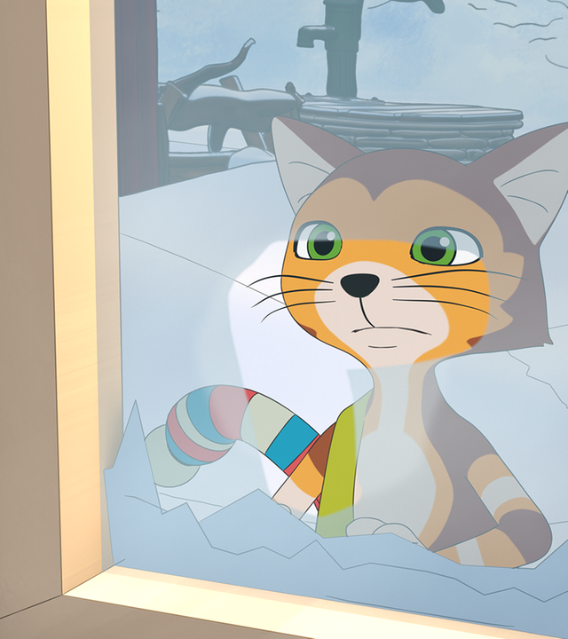 Findus hat sich ausgesperrt und schaut durch die Scheibe in das warme Haus.