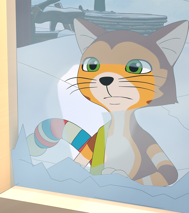 Findus hat sich ausgesperrt und schaut durch die Scheibe in das warme Haus.