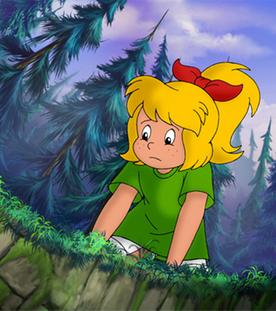 Bibi schaut traurig in ein Loch im Boden vor ihr. Um sie herum stehen hohe dunkle Tannen und der Himmel ist dunkel.