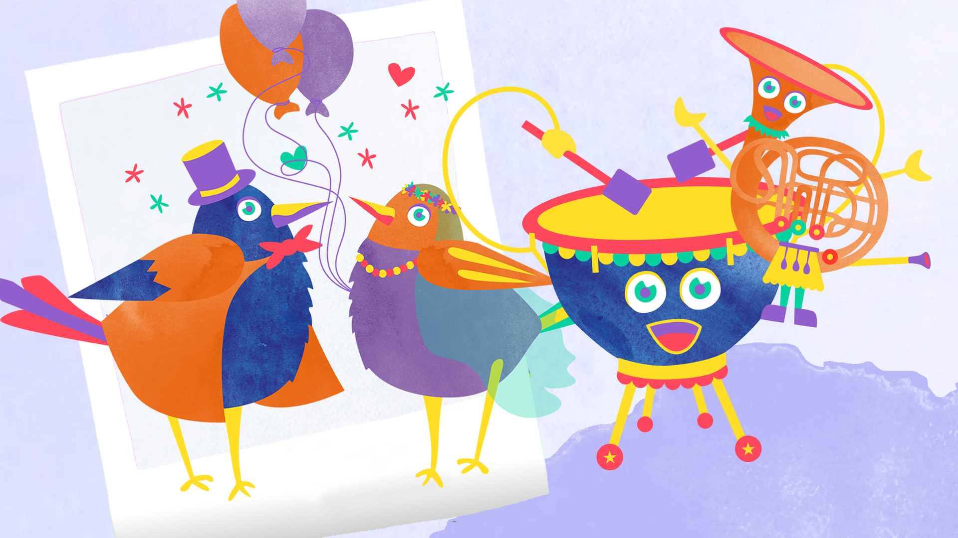 Zwei Vögel als Brautpaar mit Rapauke Pauke und der Posaune.