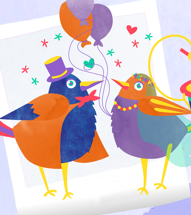 Zwei Vögel als Brautpaar mit Rapauke Pauke und der Posaune.