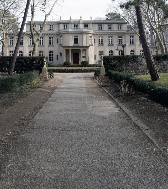 Frontansicht Villa am Wannsee, winterliche Stimmung.