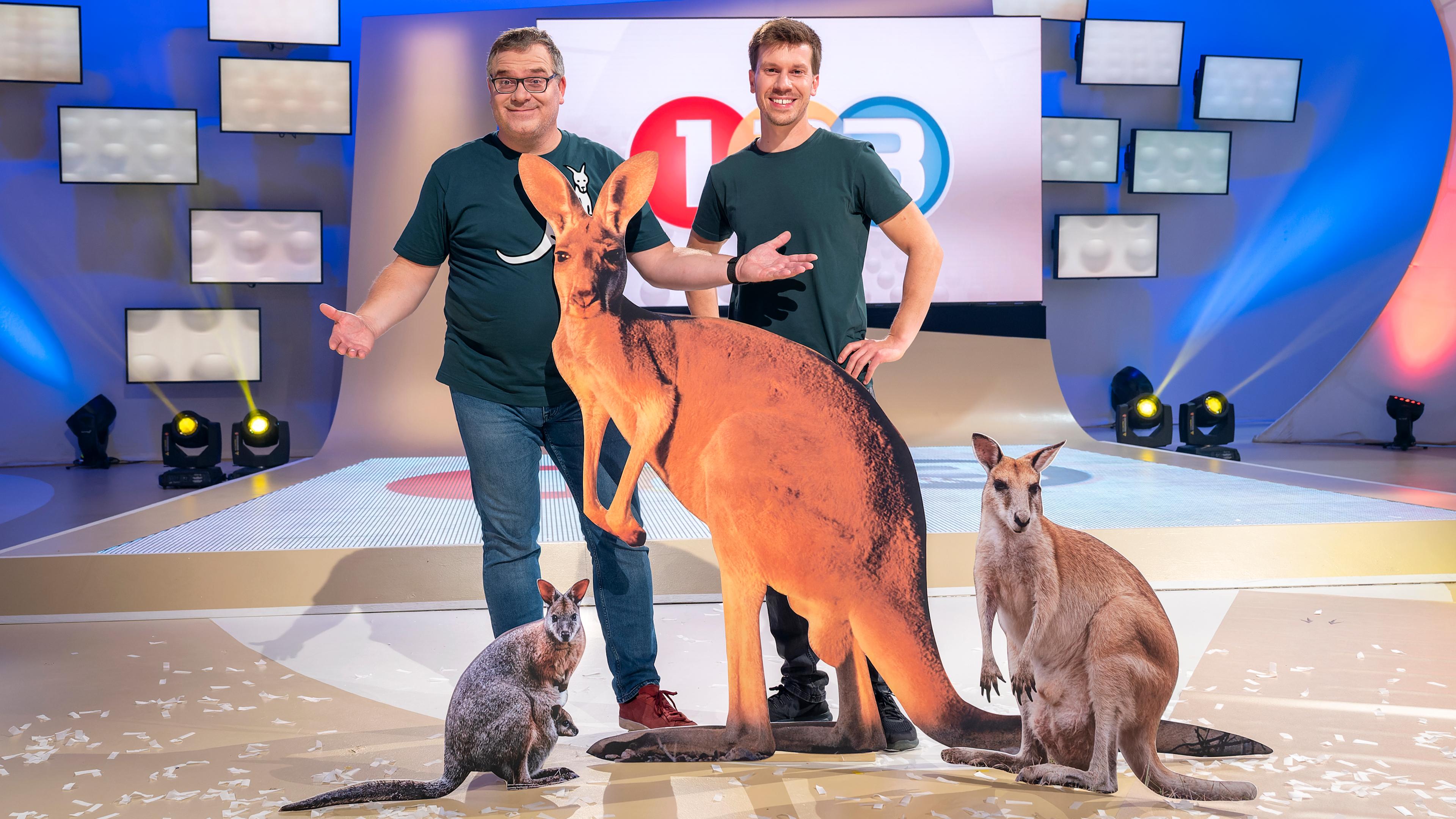 1, 2 oder 3: Moderator Elton steht mit Studiogast Daniel Materna vor der Vidiwall im "1, 2 oder 3"-Studio. Vor ihnen sind drei Känguru-Aufsteller platziert.