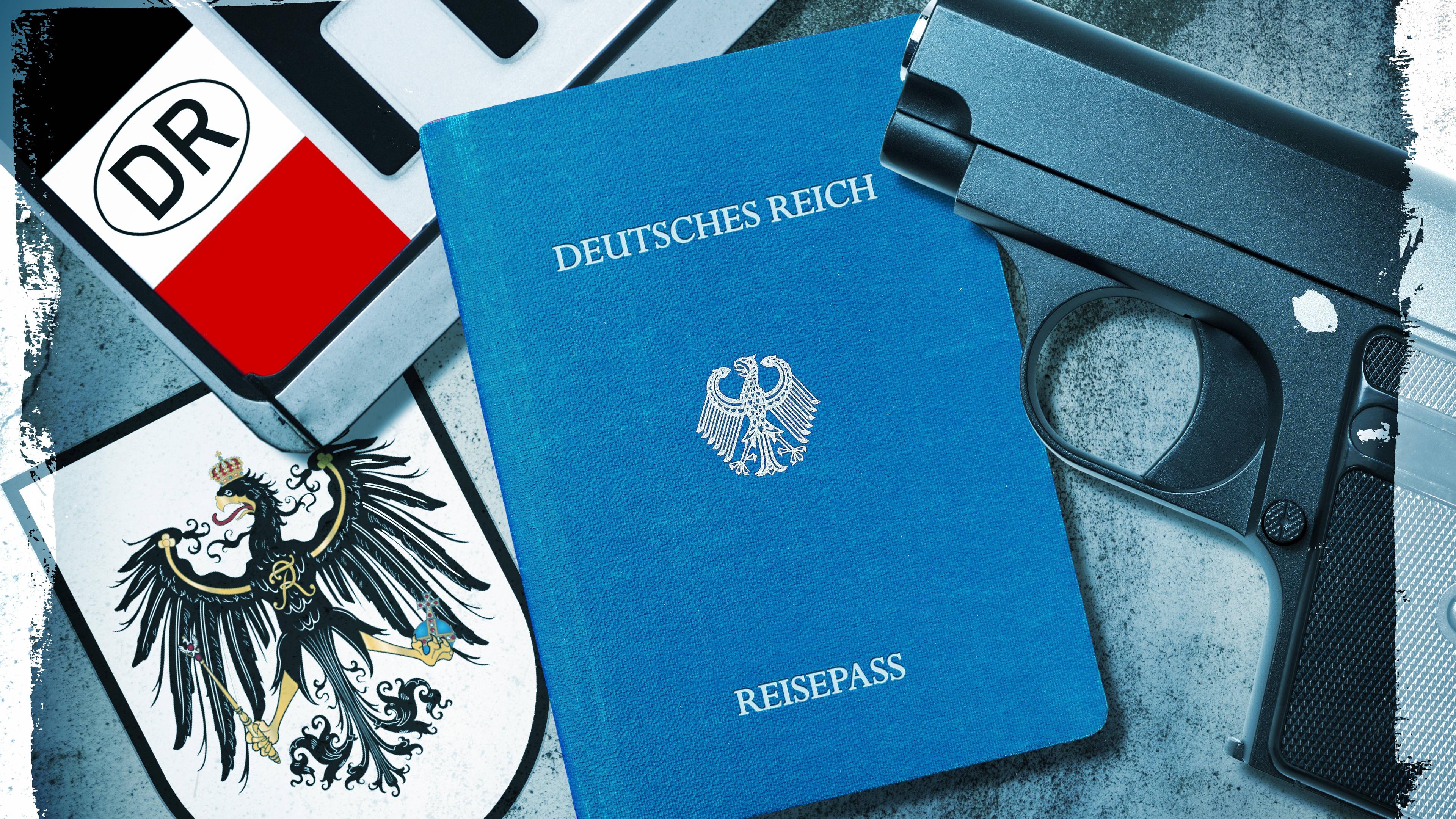 Symbolbild - Reichsbürger Pass, Nummernschild und Waffe
