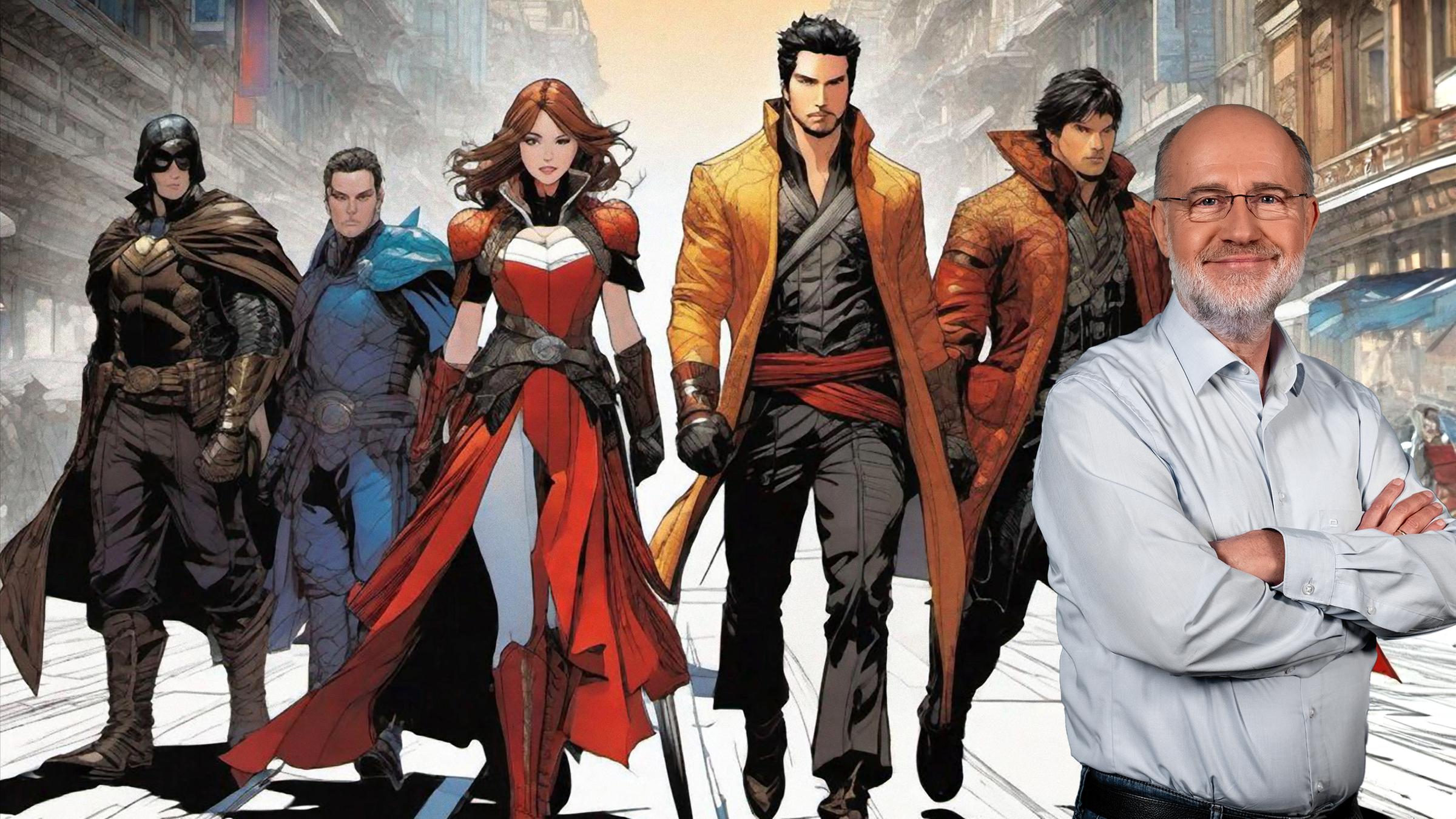 Grafik: Harald Lesch vor fünf Superheld:innen