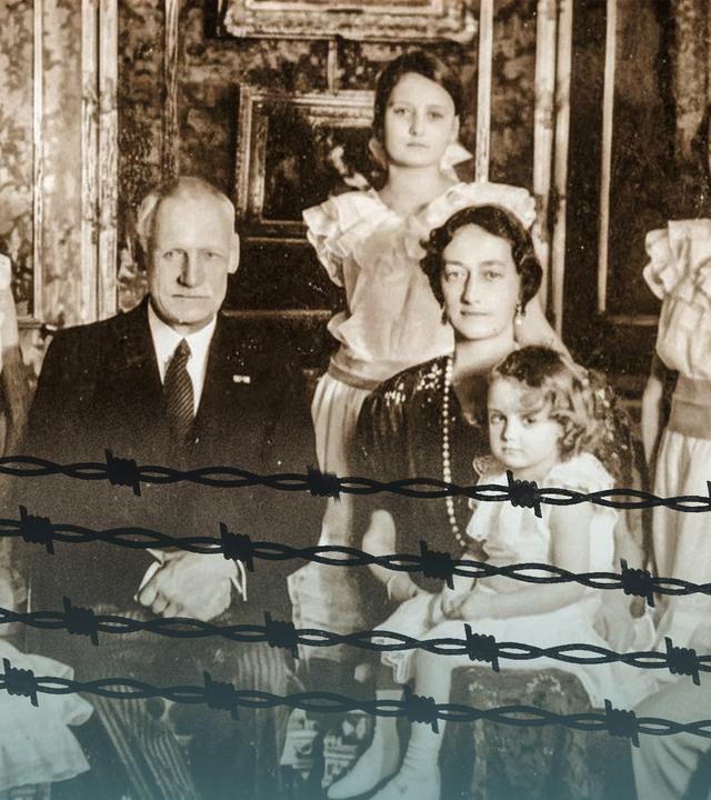Eine Familie auf einem alten Foto. Darauf die Umrisse von Stacheldraht