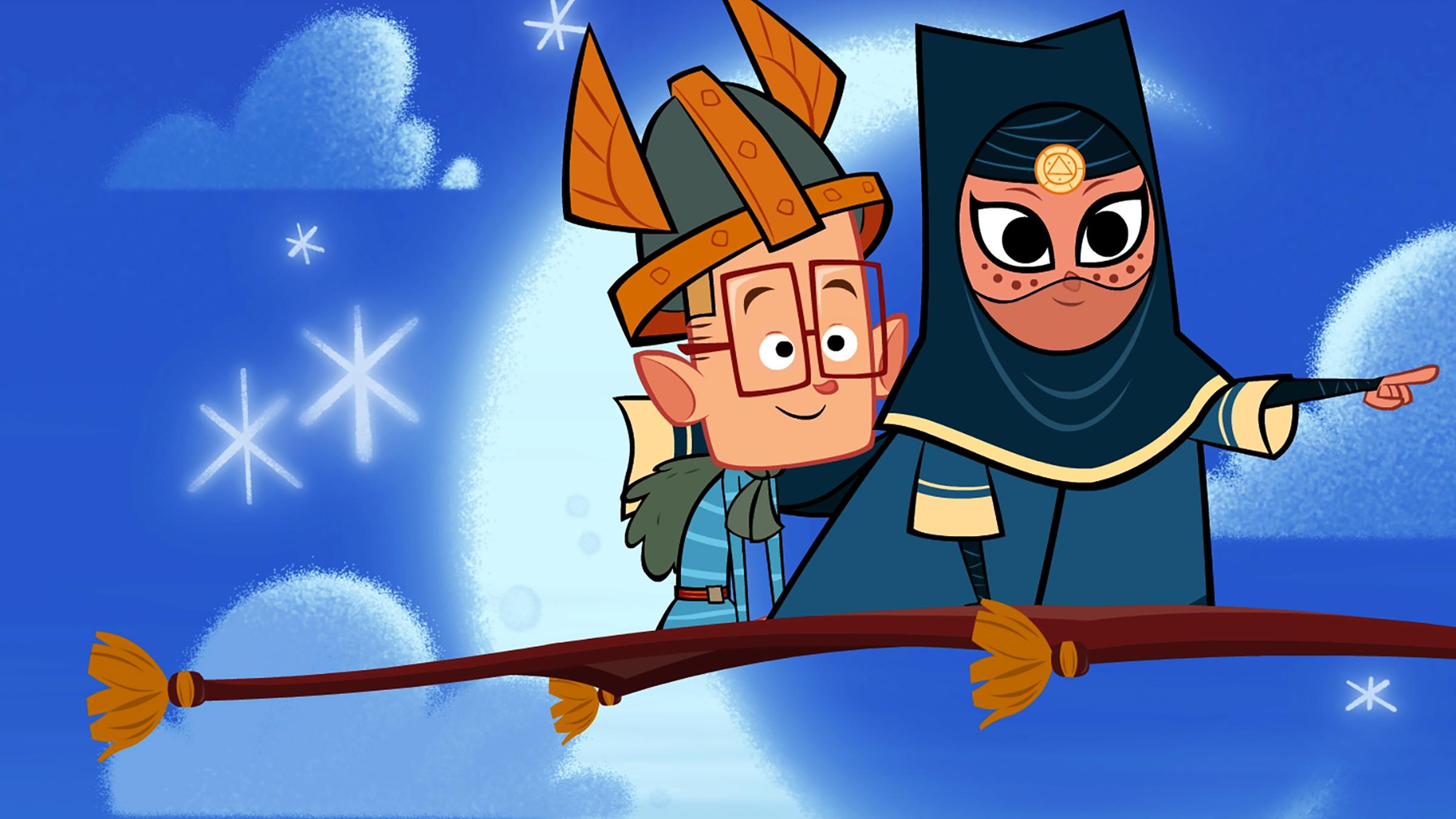 Marcus (l.) und die Wüstenprinzessin (r.) fliegen gemeinsam auf einem Teppich durch den Himmel in Richtung Palast, um den Brandstifter zu finden, der die Zelte des Wüstenstammes angezündet hat.