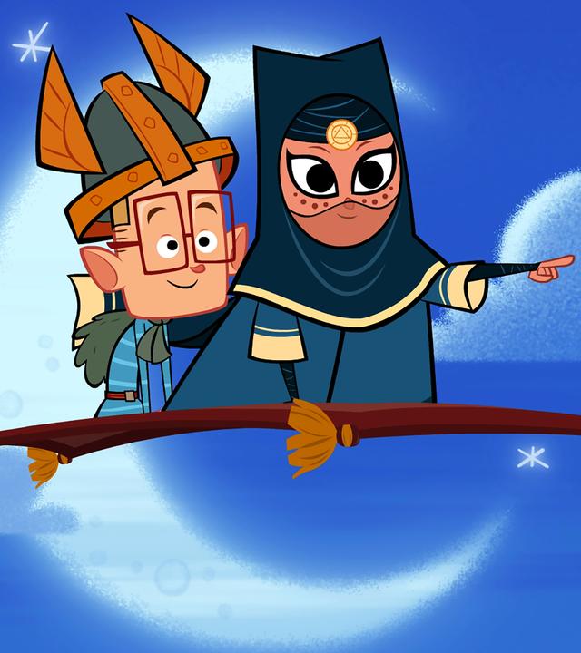 Marcus und die Wüstenprinzessin fliegen gemeinsam auf einem Teppich durch den Himmel in Richtung Palast, um den Brandstifter zu finden, der die Zelte des Wüstenstammes angezündet hat.