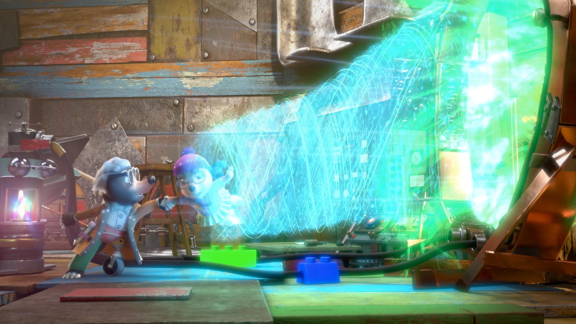 Dotty wird in Onkel Mischmaschs Labor in ein grelles blau-grün leuchtendes Licht hineingesogen. Onkel Mischmasch steht vor ihr und versucht sie an einer Hand festzuhalten.