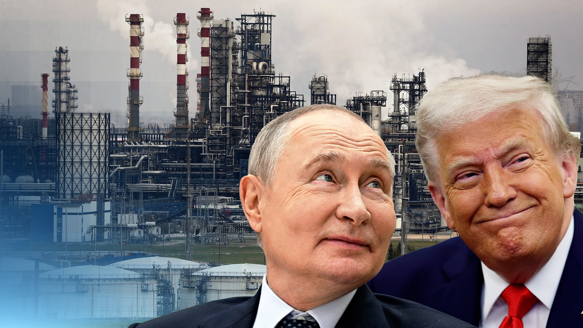 Eine russische Ölraffinerie in Moskau. Davor Trump und Putin.