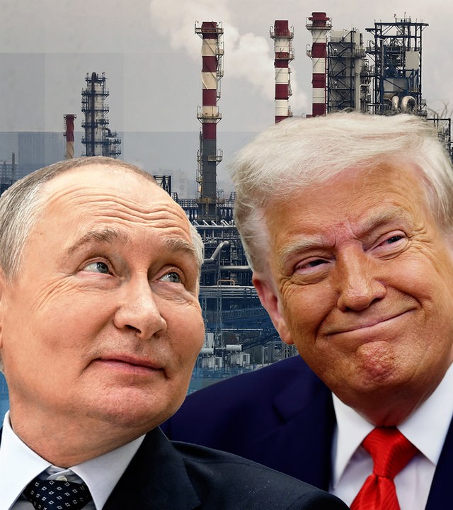 Eine russische Ölraffinerie in Moskau. Davor Trump und Putin.