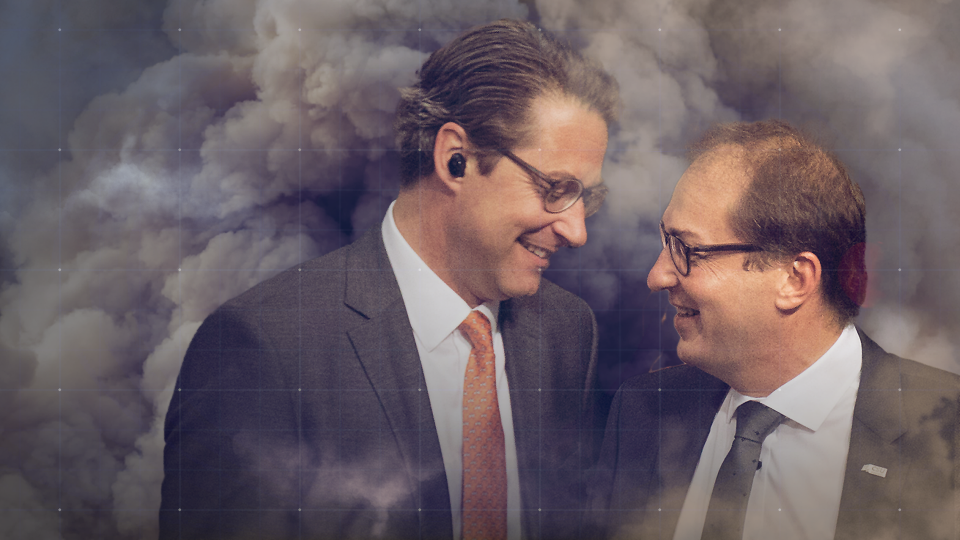 CSU-Politiker und ehemalige Bundesverkehrsminister Alexander Dobrindt und Andreas Scheuer sowie Titelgrafik Der Diesel-Krimi