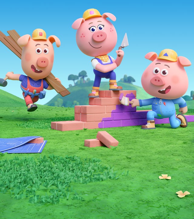 Drei Schweinchen mit gelben Bauarbeiterhelmen - die so genannten Werkel-Ferkel - errichten auf einer Wiese in der Mitte des Bildes eine kleine Mauer mit Backsteinen. Cornelia hat eine Kelle in der Hand und steht auf der Mauer. Charlie bemalt die Mauer mit violetter Farbe und Caesar kommt, mit einem Brett über der Schulter und einem Hammer in der Hand, angerannt. Im Hintergrund rechts sehen wir ein verspieltes, blaues Haus mit Turm und Windrad - das ist die Werkstatt der Werkel-Ferkel.