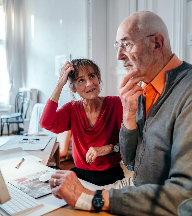 Dieter und Sabine sitzen am Schreibtisch. Sabine schaut fragend zu Dieter und hält die rechte Hand dabei am Kopf - Dieter schaut grübelnd auf den Bildschirm seines Computers.