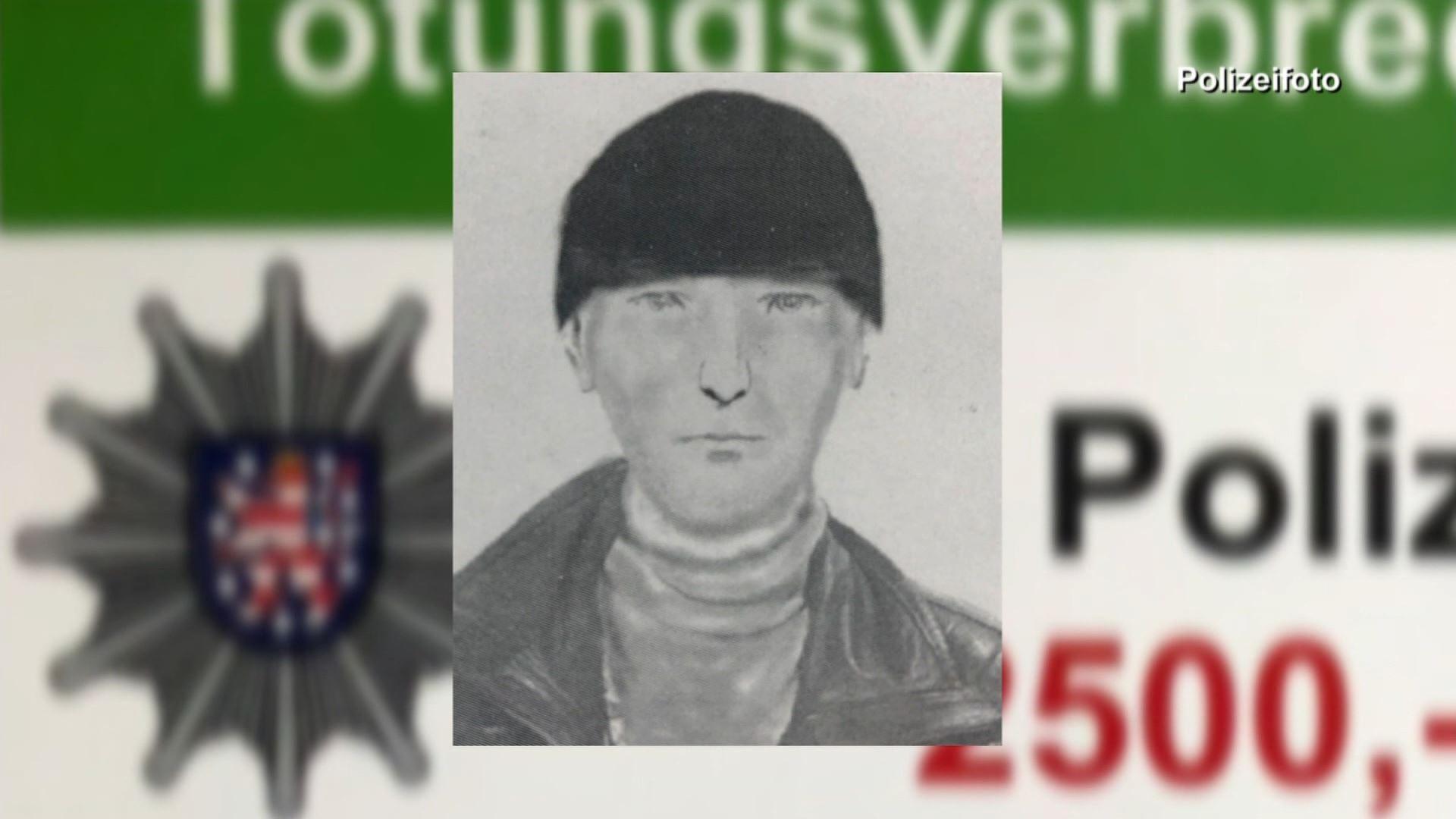 Phantombild des Täters: Schlankes Gesicht, schwarze Wollmütze. Im Hintergrund: Polizeifahndungsplakat