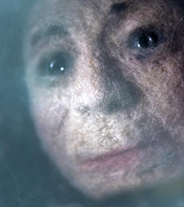 Gesicht einer Filzfigur.