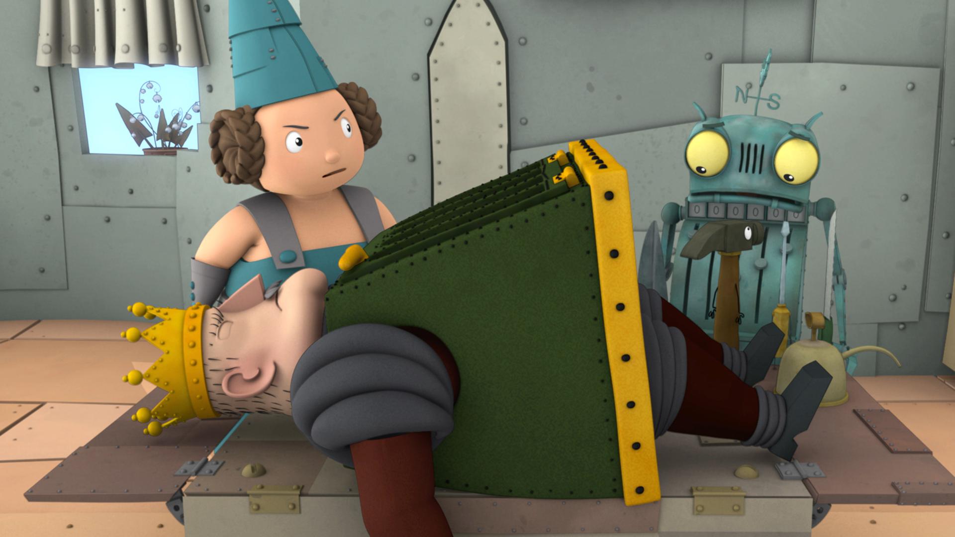 Eine Krankenschwester untersucht den auf dem Rücken liegenden kranken König Bleifuß. Ritter Rost steht daneben.