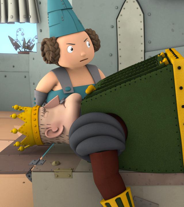 Eine Krankenschwester untersucht den auf dem Rücken liegenden kranken König Bleifuß. Ritter Rost steht daneben.