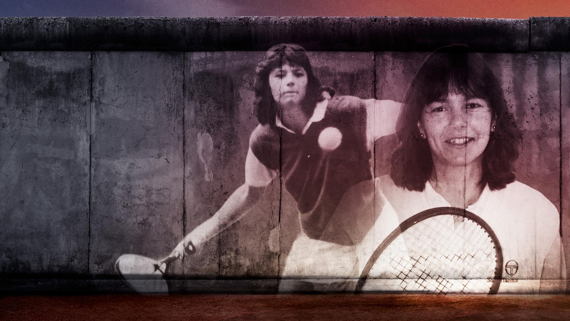 Ein Stück der Berliner Mauer, auf dass zwei Bilder von Grit Schneider projiziert sind.