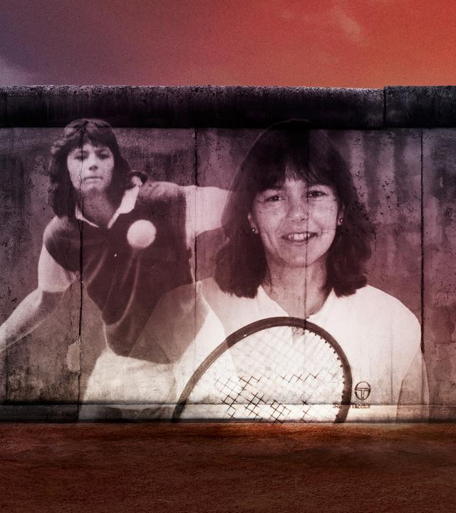 Ein Stück der Berliner Mauer, auf dass zwei Bilder von Grit Schneider projiziert sind.