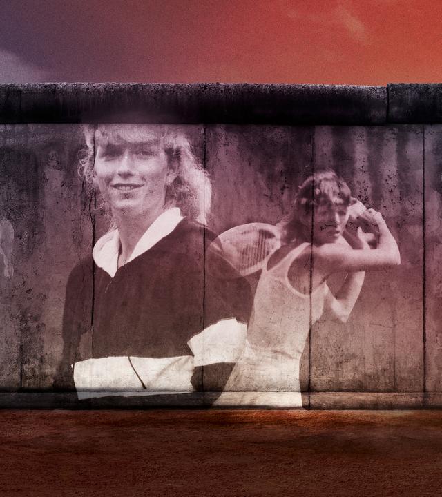 Ein Stück der Berliner Mauer, auf dass zwei Bilder einer Tennisspielerin projiziert werden.