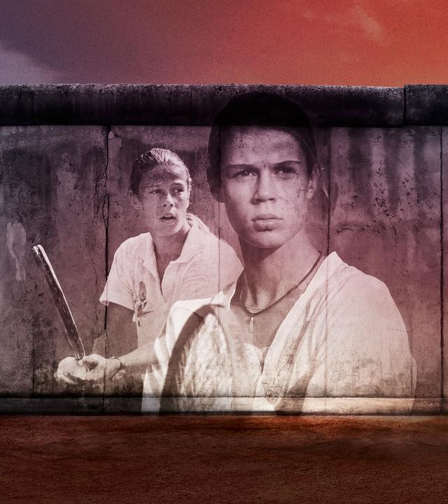 Ein Stück der Berliner Mauer, auf die die Gesichter von zwei Tennis-Spielern projiziert sind.