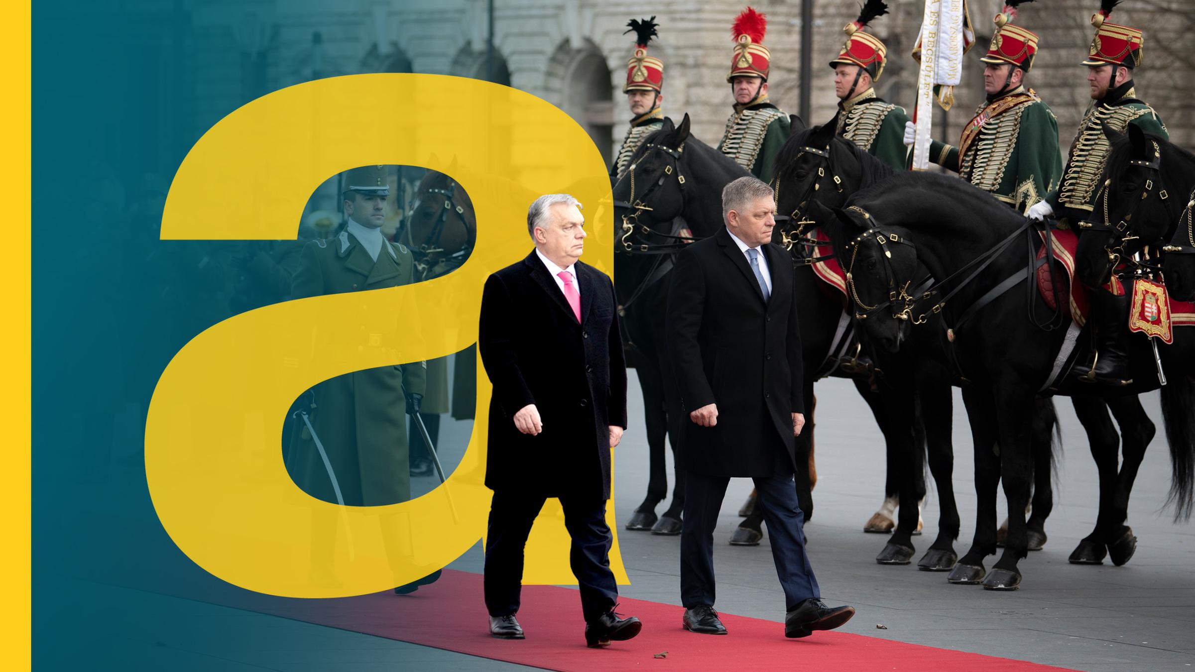 Soldaten auf Pferden zu Fuß. Politiker im Vordergrund mit großem auslandsjournal Logo