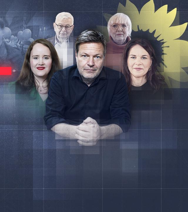 Bildmontage: Anti-Atomkraft-Demo der Grünen mit Jürgen Trittin und Renate Künast, davor Ricarda Lang, Joschka Fische, Robert Habeck, Claudia Roth, Annalena Baerbock (v.l.n.r.) blicken in die Kamera