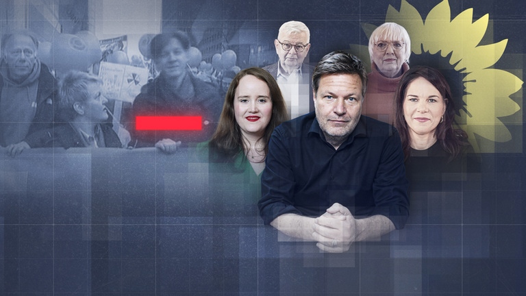 Bildmontage: Anti-Atomkraft-Demo der Grünen mit Jürgen Trittin und Renate Künast, davor Ricarda Lang, Joschka Fische, Robert Habeck, Claudia Roth, Annalena Baerbock (v.l.n.r.) blicken in die Kamera