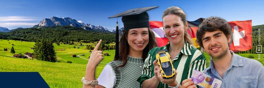 Titelbild der Doku-Serie über Länderklischees: Vor einer Alpenlandschaft stehen drei Personen nebeneinander und schauen lächelnd in die Kamera. Links ist eine Person mit Doktorhut, weißem T-Shirt und grauem Strickpullunder zu sehen. In der Mitte zeigt eine Person im grün-weiß gestreiften Hemd ein gelbes Modellauto. Rechts hält eine Person im hellblauen Hemd einen Schweizer Geldschein mit der Zahl 1000. Hinter ihnen sind die Flaggen der drei Länder angeordnet