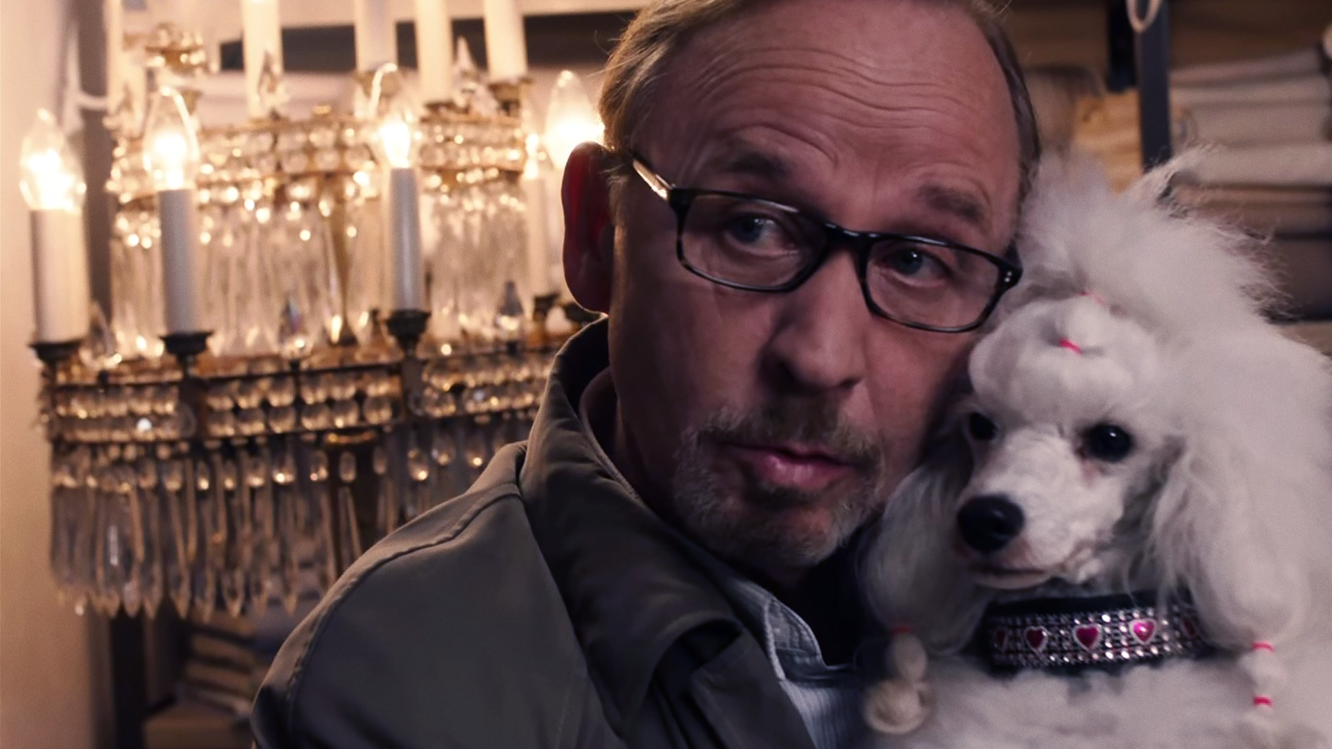 Ludwig Schaller (Alexander Held) hält einen weißen Schoßhund und zieht eine Schnute. 