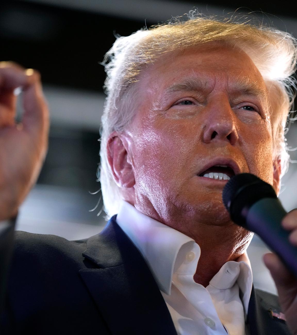 Donald Trump spricht auf einer Wahlkampfveranstaltung in ein Mikrofon