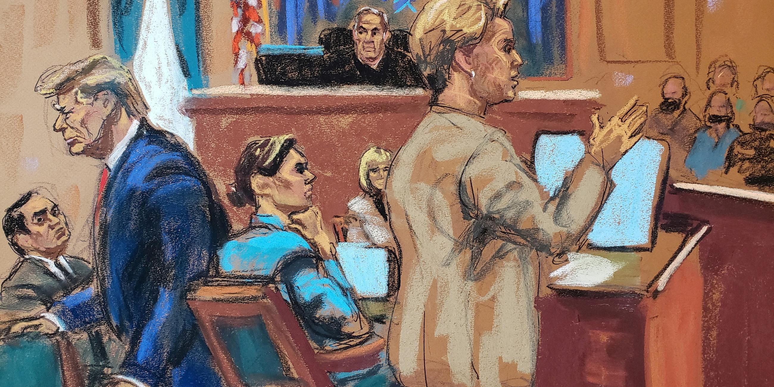 Zeichnung von Donald Trump im Gericht mit Anwältin Roberta Kaplan