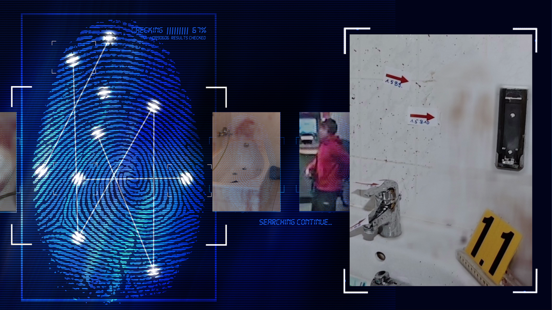 Bild aus der Polizeakte zeigt Tatort - ein Badezimmer. Waschbecken, Wasserhahn, weiße Fliesen, Blautanhaftungen, Markierungen der Spurensicherung. Links daneben: Lichtschematische Darstellung eines Fingerabdrucks.