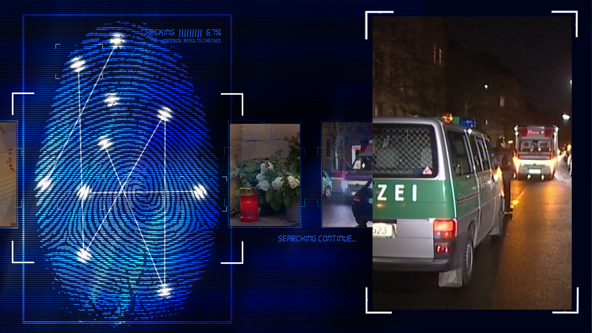 Einsatzszenario bei Nacht: Mehrere Einsatzfahrzeuge der Polizei stehen auf einer Straße. Links daneben: Lichtschematische Darstellung eines Fingerabdrucks