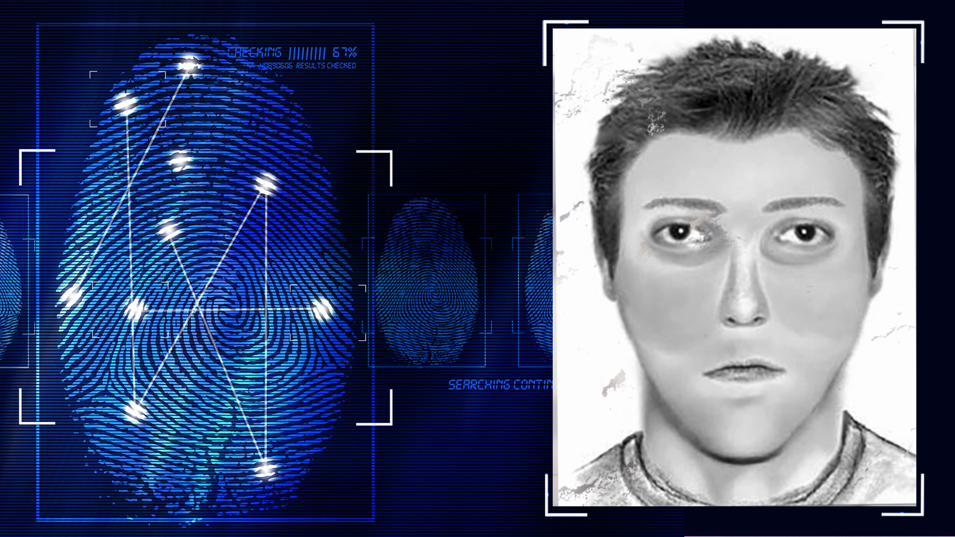 Phantombild eines Mannes. Links daneben: Lichtschematische Darstellung eines Fingerabdrucks.