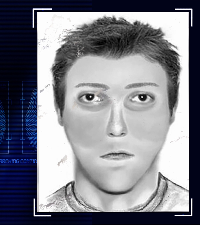 Phantombild eines Mannes. Links daneben: Lichtschematische Darstellung eines Fingerabdrucks.