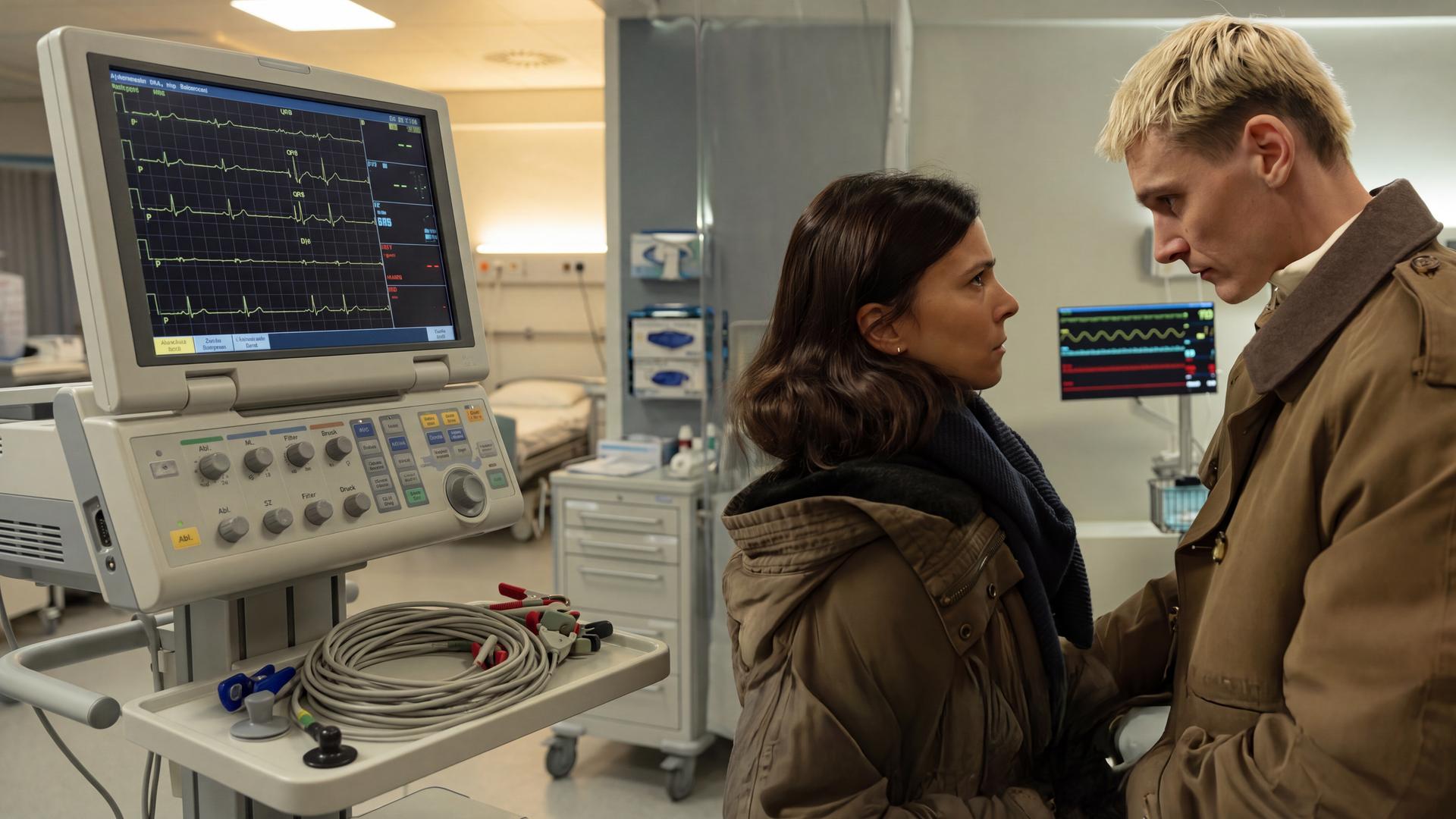 "Serial Cleaner - Doppeltes Spiel": Teri Marquard (Aylin Tezel) und Christian Karanz (Rick Okon) stehen sich in einem Krankenzimmer im Krankenhaus gegenüber und sehen sich erst an.