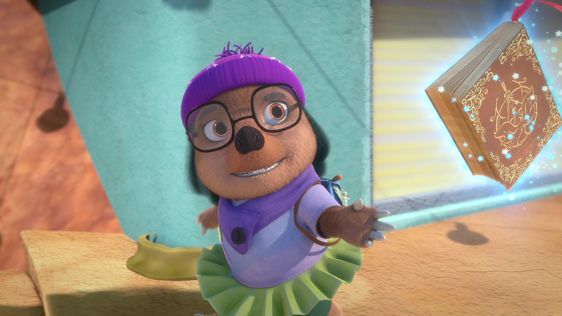 Dotty ist in Maulwurfhausen unterwegs. Gut gelaunt blickt sie hoch zum magischen Buch Mauli, das neben ihr schwebt und sie begleitet.