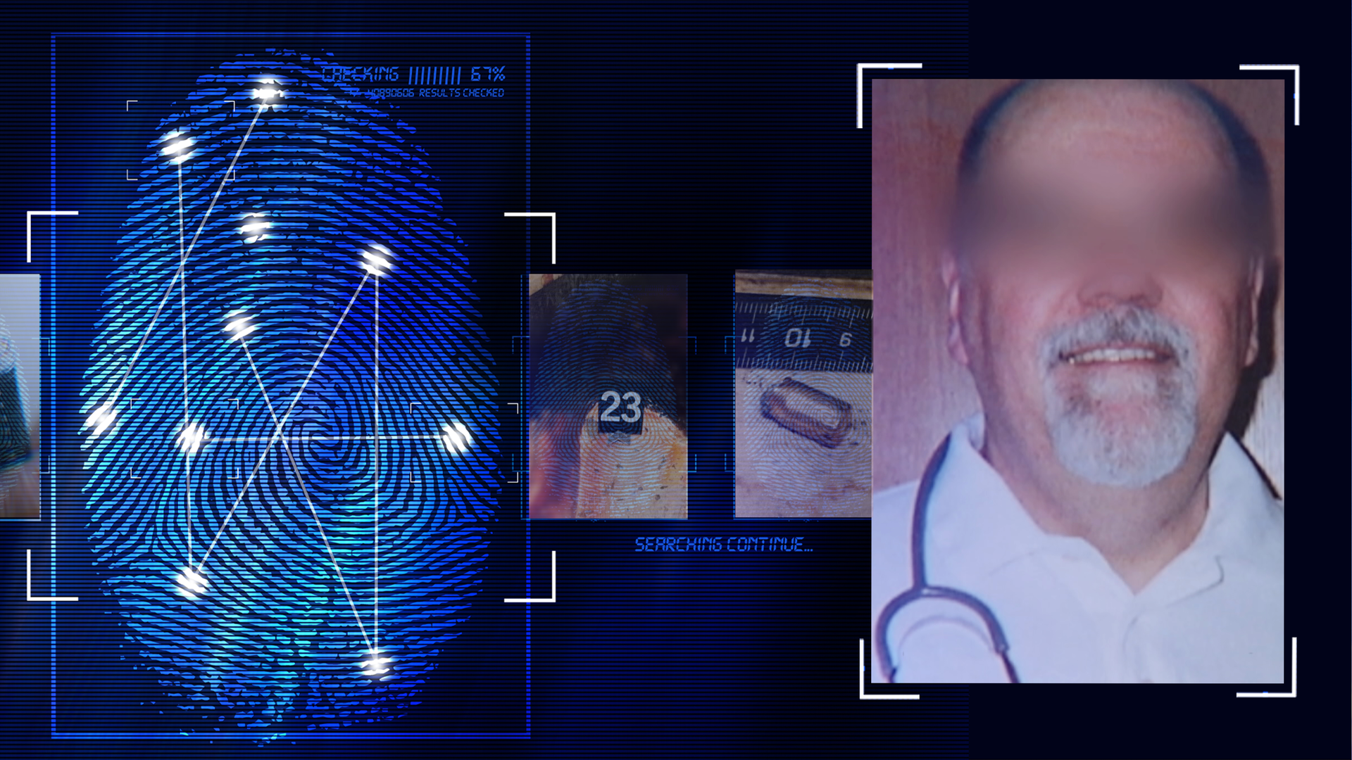 Das verfremdete Portrait-Foto eines Mannes mit Bard, weißem Arztkittel und Stetoskop um den Hals, ca. 50 Jahre alt. Links daneben: Lichtschematische Darstellung eines Fingerabdrucks