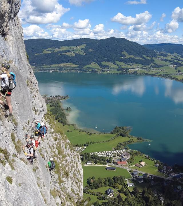 Das Bild zeigt eine Felswand, die Teil des Drachenwand-Klettersteigs in Österreich ist. Auf der linken Seite des Bildes ist eine steile Felsstruktur sichtbar, auf der mehrere Kletterer entlangsteigen. Die Kletterer sind in verschiedenen sportlichen Outfits gekleidet, einige tragen Helme und Klettergurte, während sie sich an einem Drahtseil festhalten.  Im Hintergrund erstreckt sich eine weitläufige Landschaft mit hügeligen Wiesen und einem glitzernden See, der das Licht reflektiert. Der See, möglicherweise der Mondsee, hat eine sanfte bläuliche Farbe und wird von kleinen Booten befahren. Auf der Bodenebene sind einige Gebäude und Campingplätze sichtbar.  Der Himmel ist größtenteils klar mit einigen weißen, flauschigen Wolken. Die gesamte Szene ruft eine Atmosphäre von Abenteuer und Naturverbundenheit hervor. Es ist eine Momentaufnahme von Bergsteigern, die eine beliebte Outdoor-Aktivität ausüben.