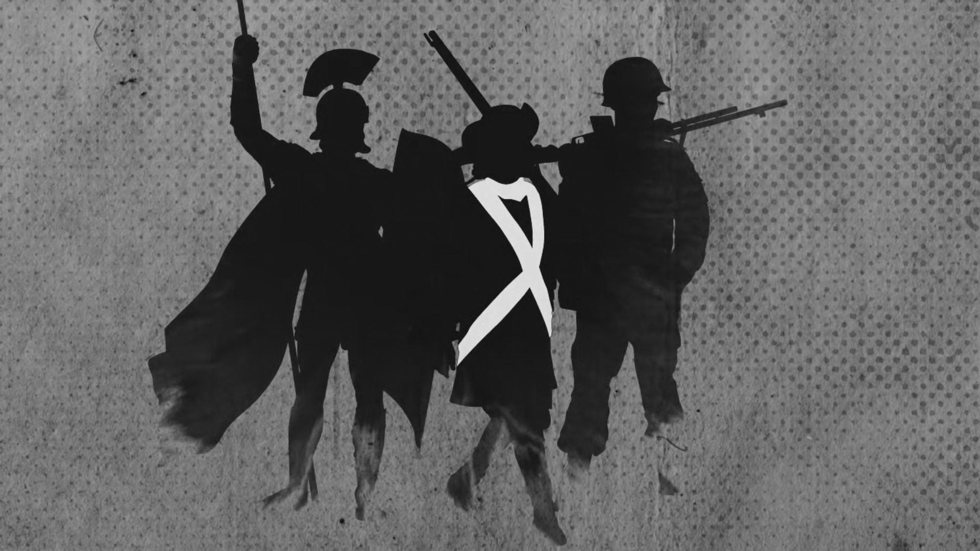 Schwarz gezeichnete Grafik eines Römers, eines französischen Soldaten und eines US-Soldaten